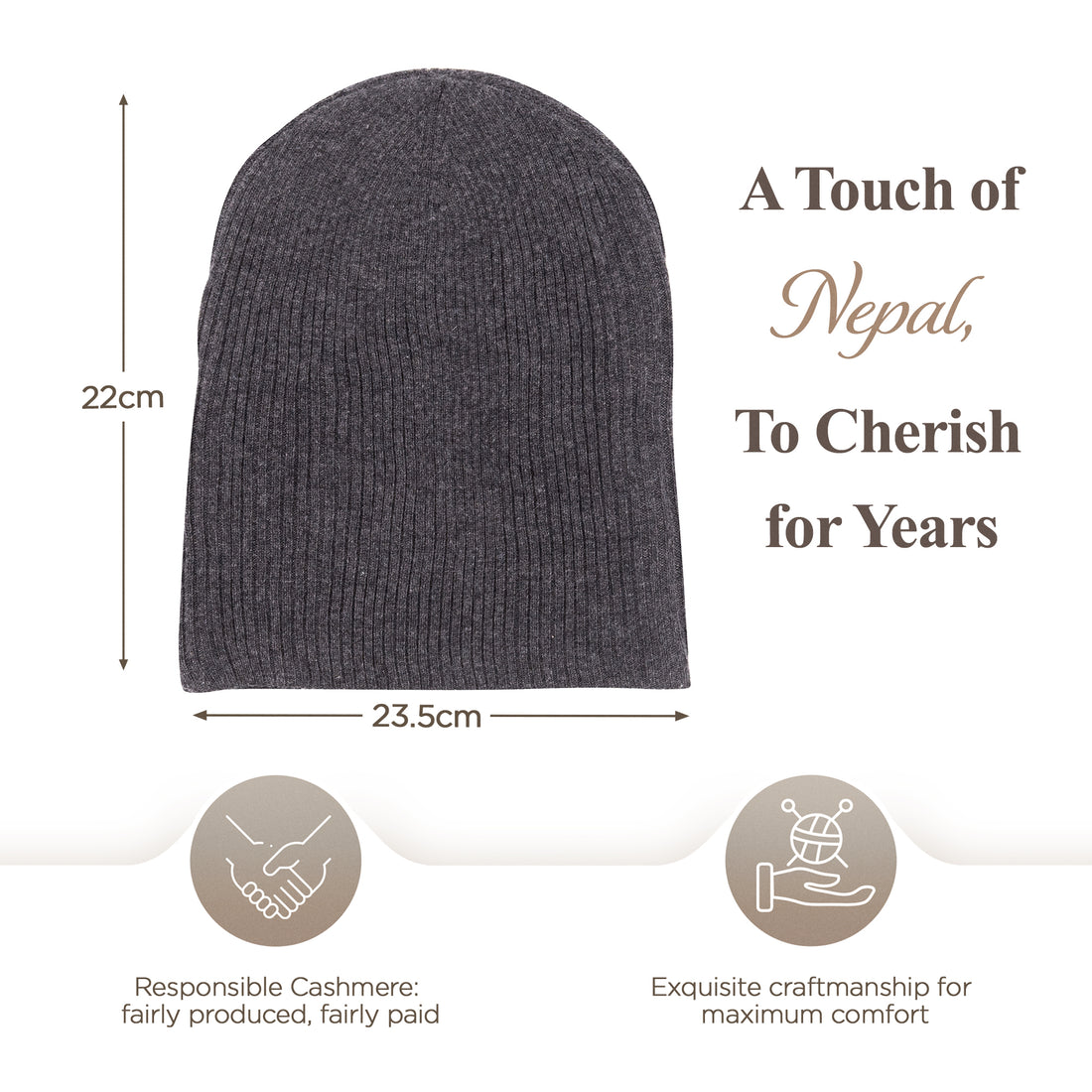 Kaschmirmütze Beanie gerippt mit Umschlag Schwarzgrau