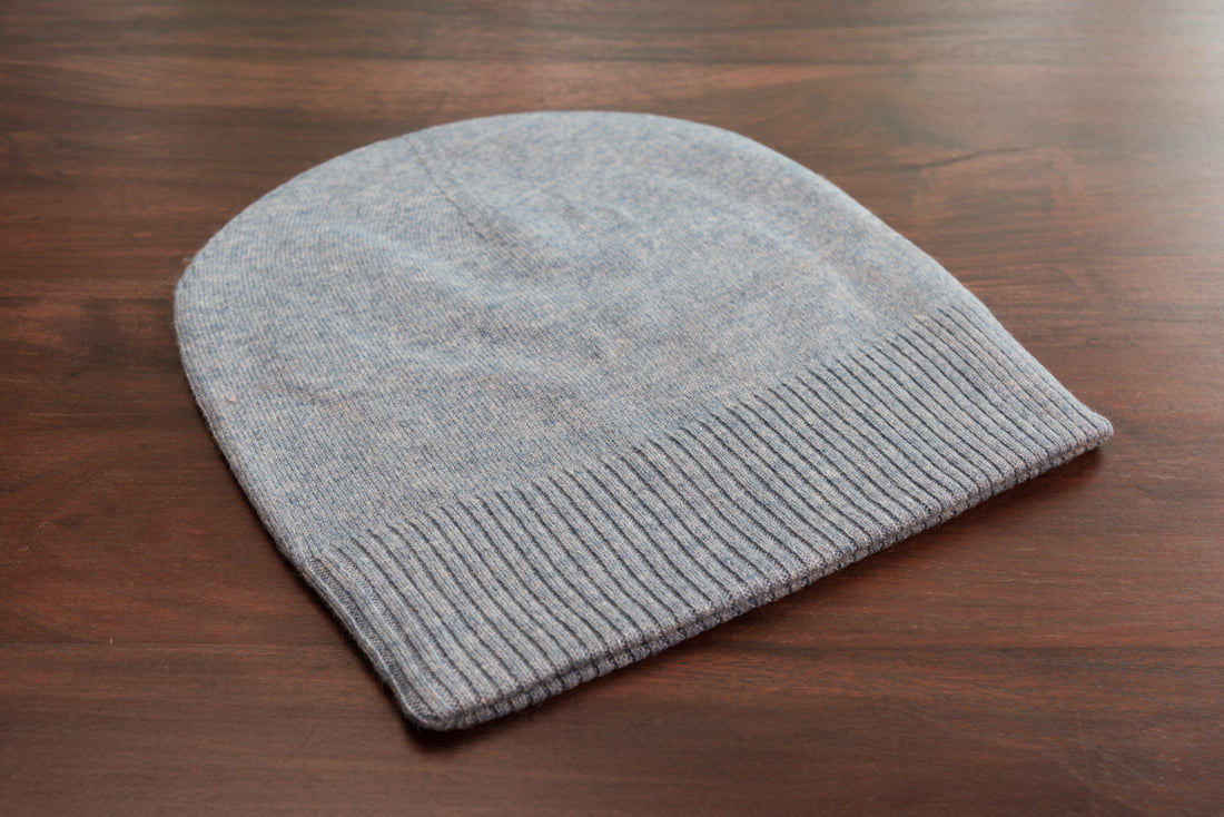 Kaschmirmütze Beanie glatt mit geripptem Umschlag Blau