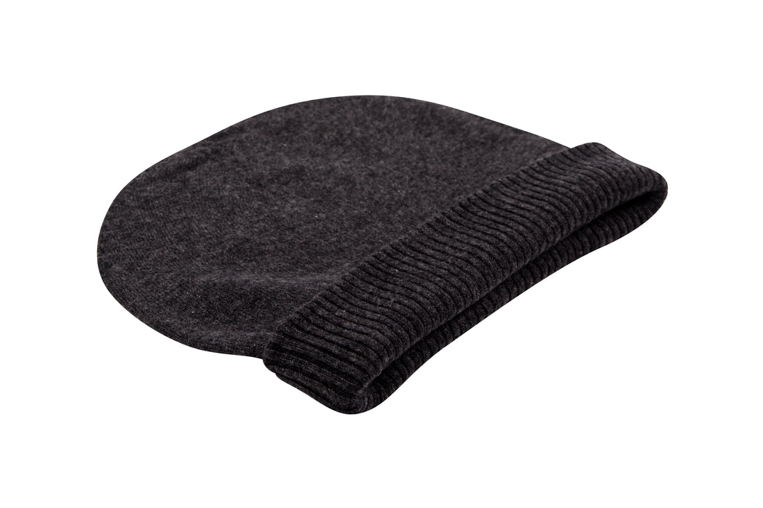 Kaschmirmütze Beanie glatt mit geripptem Umschlag Schwarzgrau