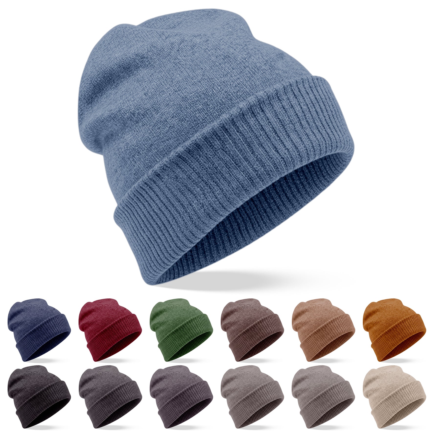 Kaschmirmütze Beanie glatt mit geripptem Umschlag Blau
