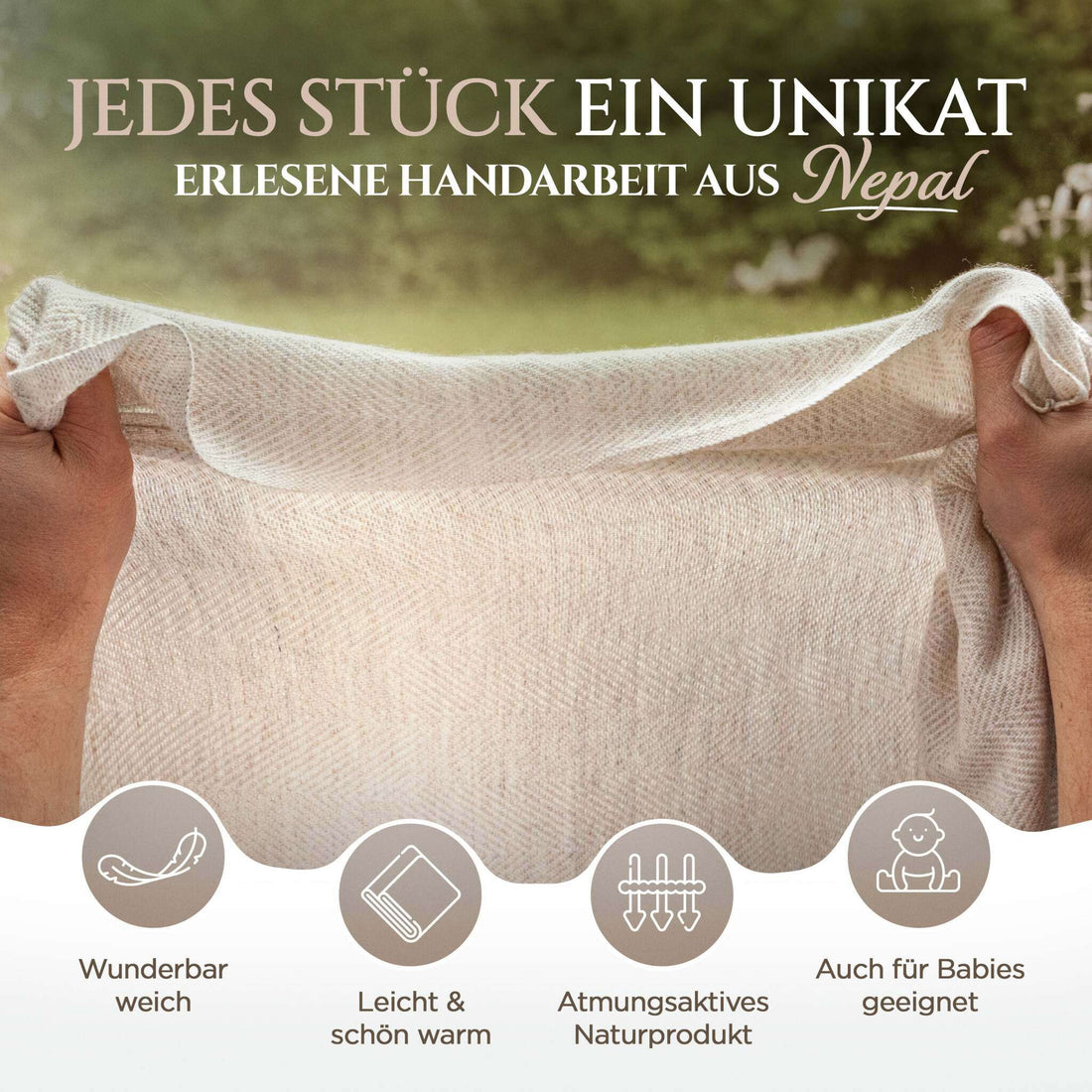 Kaschmirdecke beige mit feinem Fischgrätenmuster