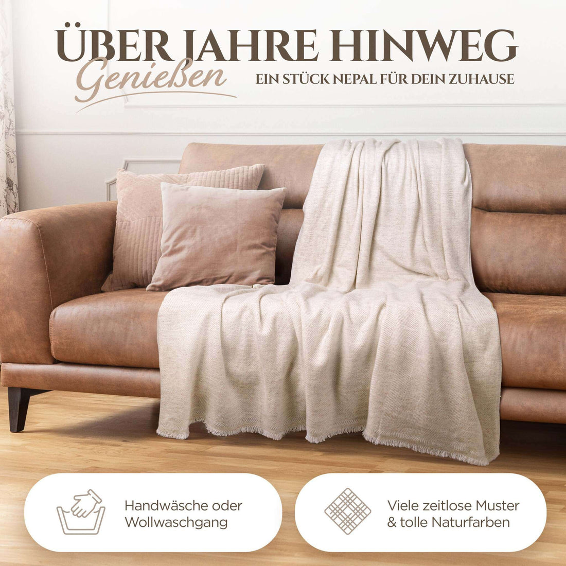 Kaschmirdecke beige mit feinem Fischgrätenmuster